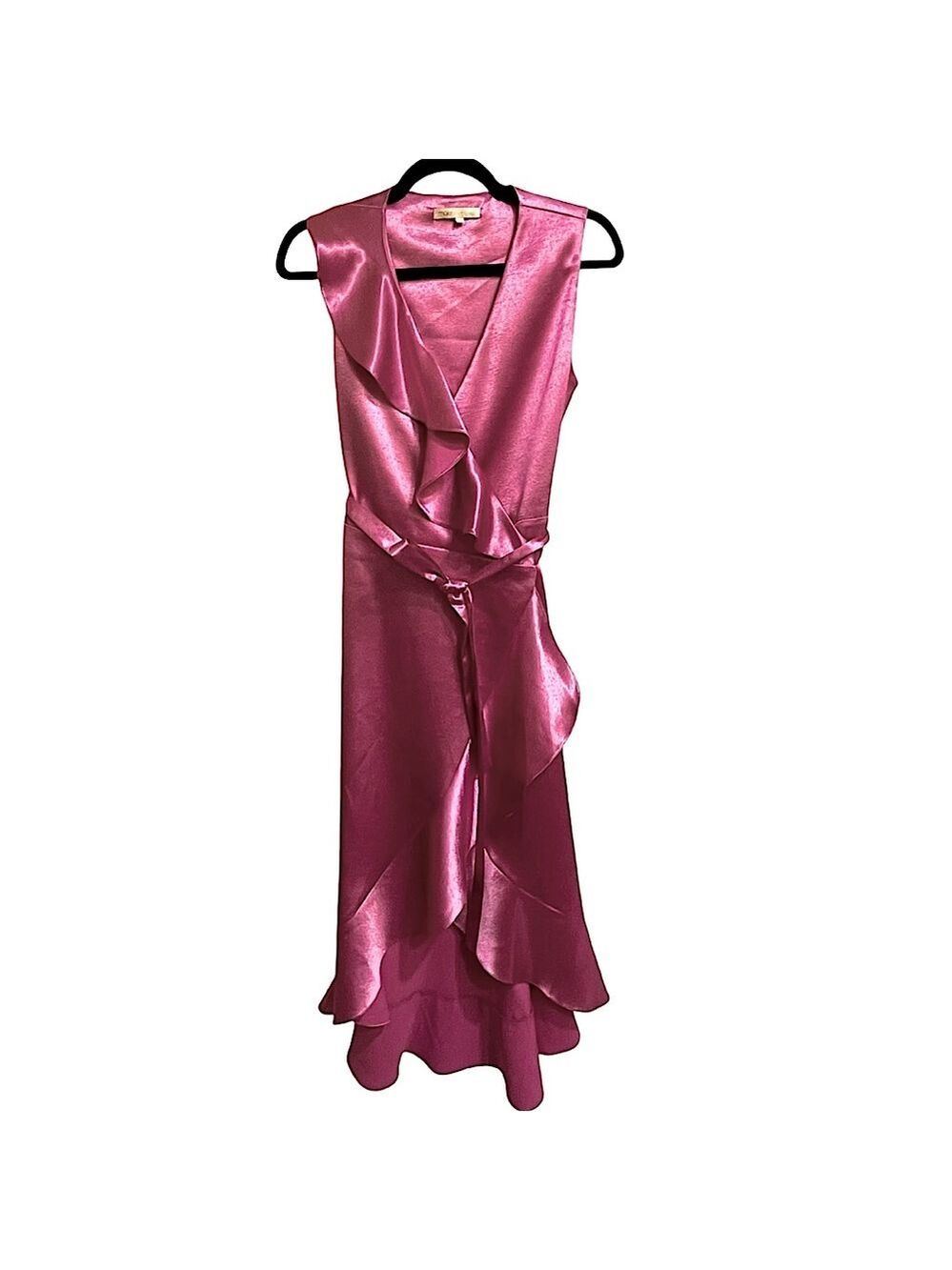 Maje  Ripple Ruffle Detail Satin Wrap Dress in Fuchsia Size Small (1)
